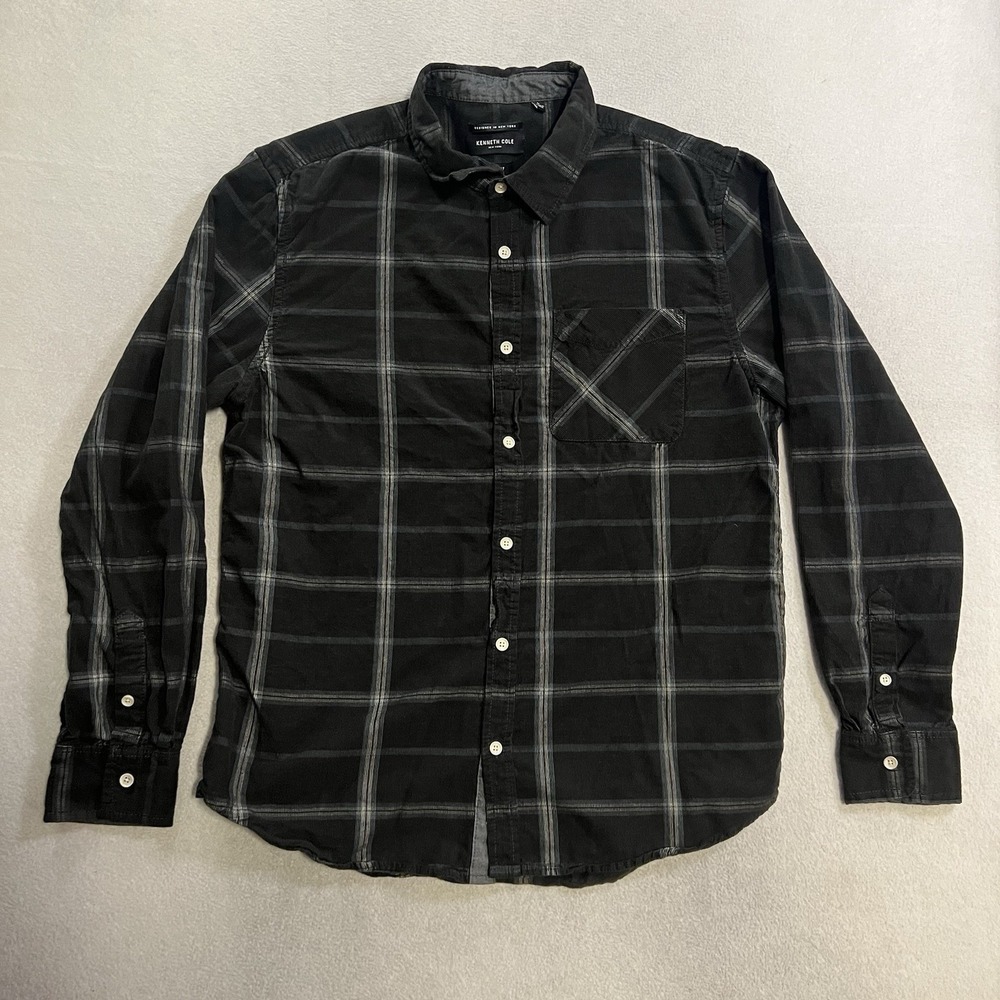 Kenneth Cole Corduroy Shirt Men's Size Large Black Plaid Button Up Long Sleeve